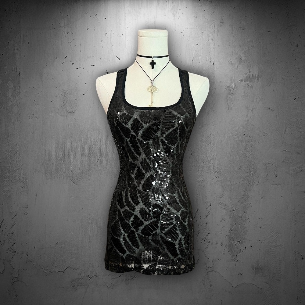 Bozzolo Black Sequin Sheer Mesh Abstract Animal Print Racerback Tank Top Medium